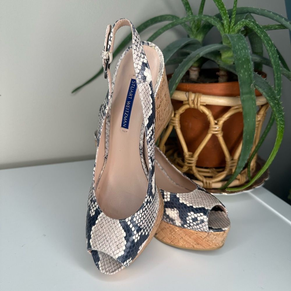 Stuart Weitzman Snakeskin Leather Cork Wedge Heels 8 | Peep Toe Slingback